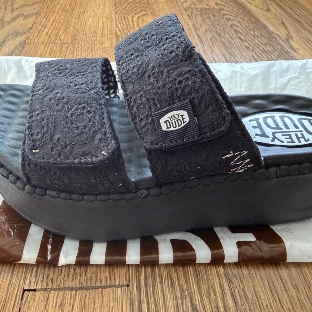 Hey Dude Delray Slide Eyelet Black with lace-like texture